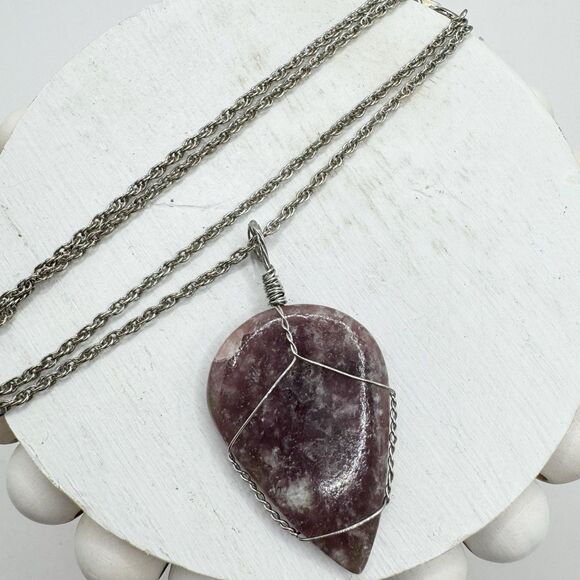Lepidolite Purple Stone Wire Wrapped Teardrop Pendant Necklace Bohemian 18” - Picture 5 of 10